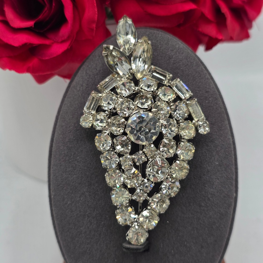 Vintage Silver Tone Clear Rhinestone Cluster Brooch Teardrop Pin Navette Baguett